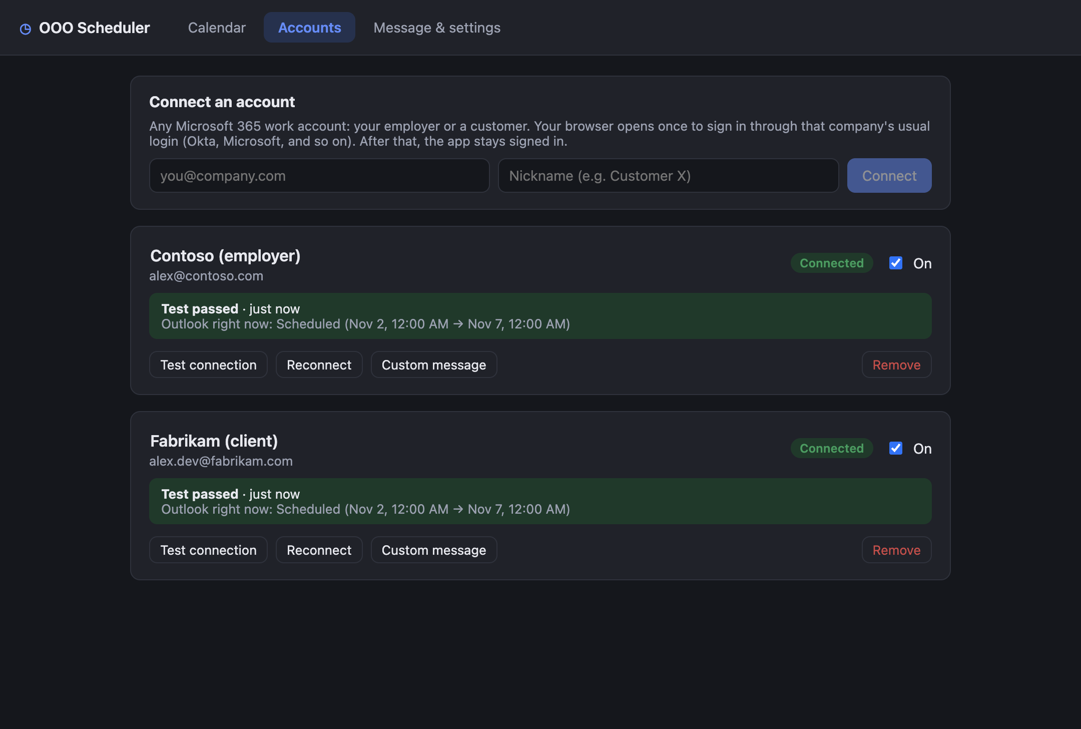 Two connected accounts, both passing the connection test