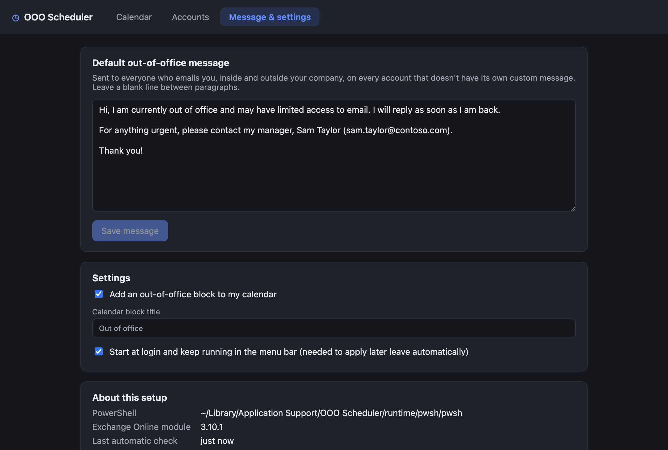 Message and settings screen